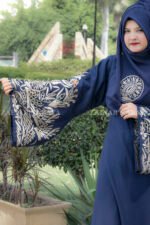Nida Umbrella Abaya in Navy Blue Color with Stylish Embroidery on Sleeves and motif on scarf.
