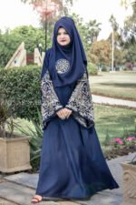 Nida Umbrella Abaya in Navy Blue Color with Stylish Embroidery on Sleeves and motif on scarf.