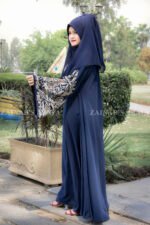 Nida Umbrella Abaya in Navy Blue Color with Stylish Embroidery on Sleeves and motif on scarf.