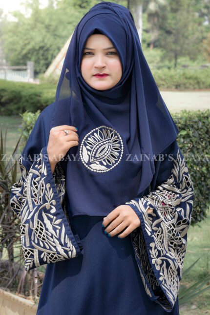 Nida Umbrella Abaya in Navy Blue Color with Stylish Embroidery on Sleeves and motif on scarf.