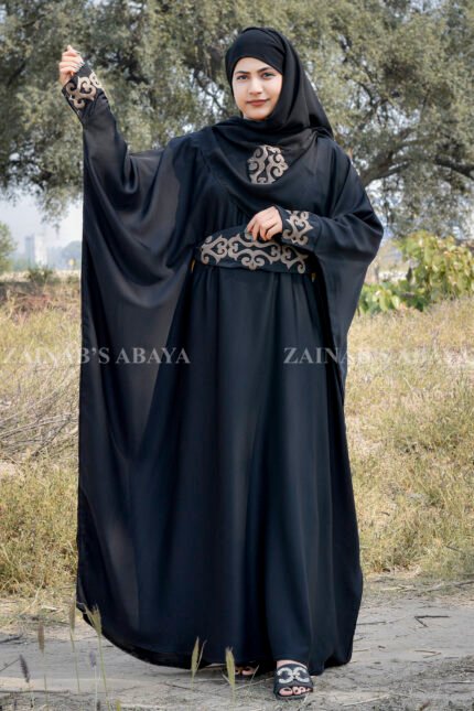 Nida Kaftan Abaya with Embroidery on Sleeves ends and on Belt with same color scarf motif with same embroidery pattern.