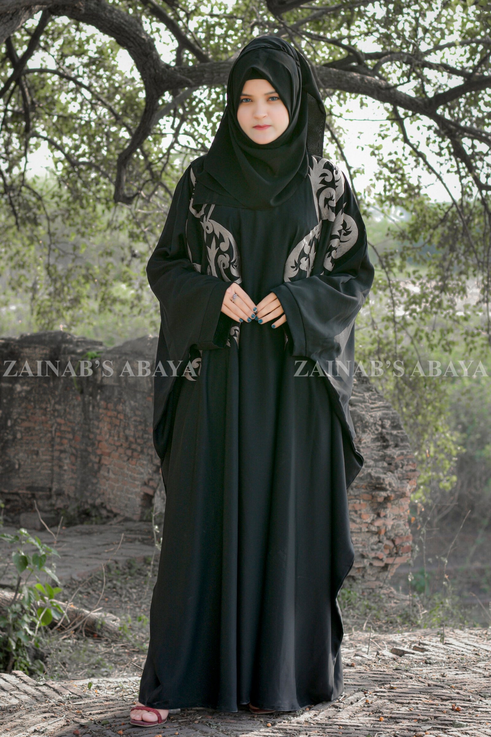 Kaftan Abaya - Zainab Designer Abaya Black Kaftan Abaya In Nida Korean Fabric with Embroidery on it as well as motif on the scarf.