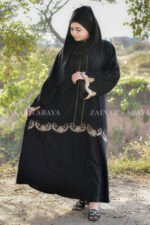 Black Maxi Abaya with Elegant Embroidery on Front, Sleeves Ends and a Zip on Neck as well as fined embroidery line on neck