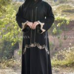 Black Maxi Abaya with Elegant Embroidery on Front, Sleeves Ends and a Zip on Neck as well as fined embroidery line on neck