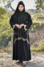 Black Maxi Abaya with Elegant Embroidery on Front, Sleeves Ends and a Zip on Neck as well as fined embroidery line on neck