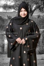 Black Maxi Abaya with Embroidery on Front and Sleeves as well as motif on scarf.