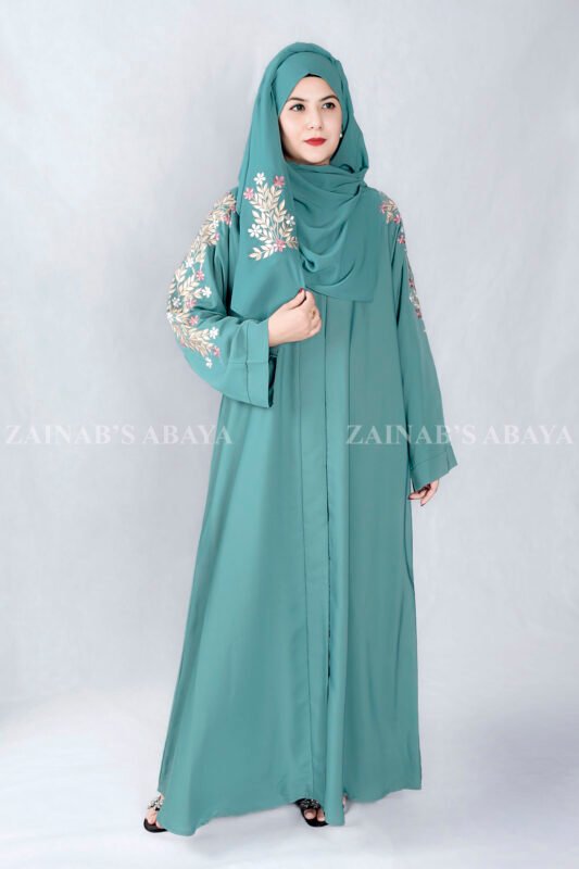 Front Open Abaya in Nida Korean Fabric with Embroidery design on sleeves and backside as well as a motif on the scarf.