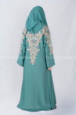 Front Open Abaya in Nida Korean Fabric with Embroidery design on sleeves and backside as well as a motif on the scarf.