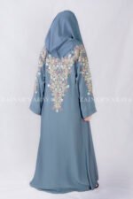 Front Open Abaya in Nida Korean Fabric with Embroidery design on sleeves and backside as well as a motif on the scarf.