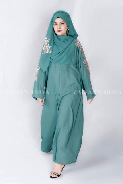 Front Open Abaya in Nida Korean Fabric with Embroidery design on sleeves and backside as well as a motif on the scarf.