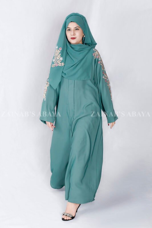 Front Open Abaya in Nida Korean Fabric with Embroidery design on sleeves and backside as well as a motif on the scarf.
