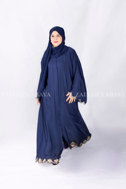 Navy Blue Front Open Abaya with Elegant Embroidery on the Sleeve ends and at bottom border on front with a matching color scarf.