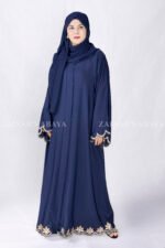 Navy Blue Front Open Abaya with Elegant Embroidery on the Sleeve ends and at bottom border on front with a matching color scarf.