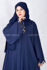 Navy Blue Front Open Abaya with Elegant Embroidery on the Sleeve ends and at bottom border on front with a matching color scarf.