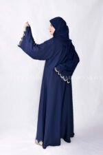 Navy Blue Front Open Abaya with Elegant Embroidery on the Sleeve ends and at bottom border on front with a matching color scarf.