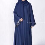 Navy Blue Front Open Abaya with Elegant Embroidery on the Sleeve ends and at bottom border on front with a matching color scarf.