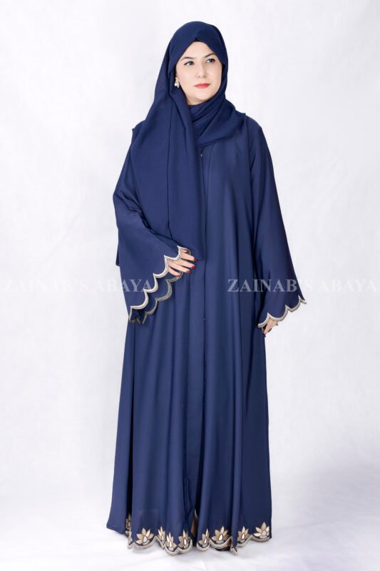 Navy Blue Front Open Abaya with Elegant Embroidery on the Sleeve ends and at bottom border on front with a matching color scarf.