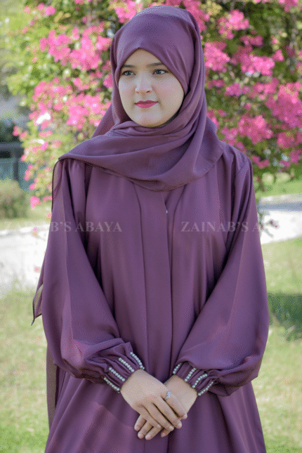 Front Open Abaya in Nida Korean Fabric with Elastic Sleeves and Pearl Work on Cuffs iwith a same color scarf.