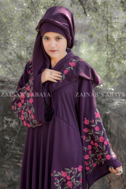 Umbrella Abaya in Nida Korean Fabric with Elegant Embroidery Style on Upper Front, Mid one side, at Sleeves and motive on the scarf.