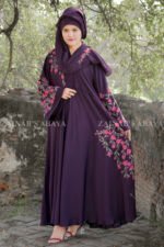 Umbrella Abaya in Nida Korean Fabric with Elegant Embroidery Style on Upper Front, Mid one side, at Sleeves and motive on the scarf.