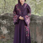 Umbrella Abaya in Nida Korean Fabric with Elegant Embroidery Style on Upper Front, Mid one side, at Sleeves and motive on the scarf.