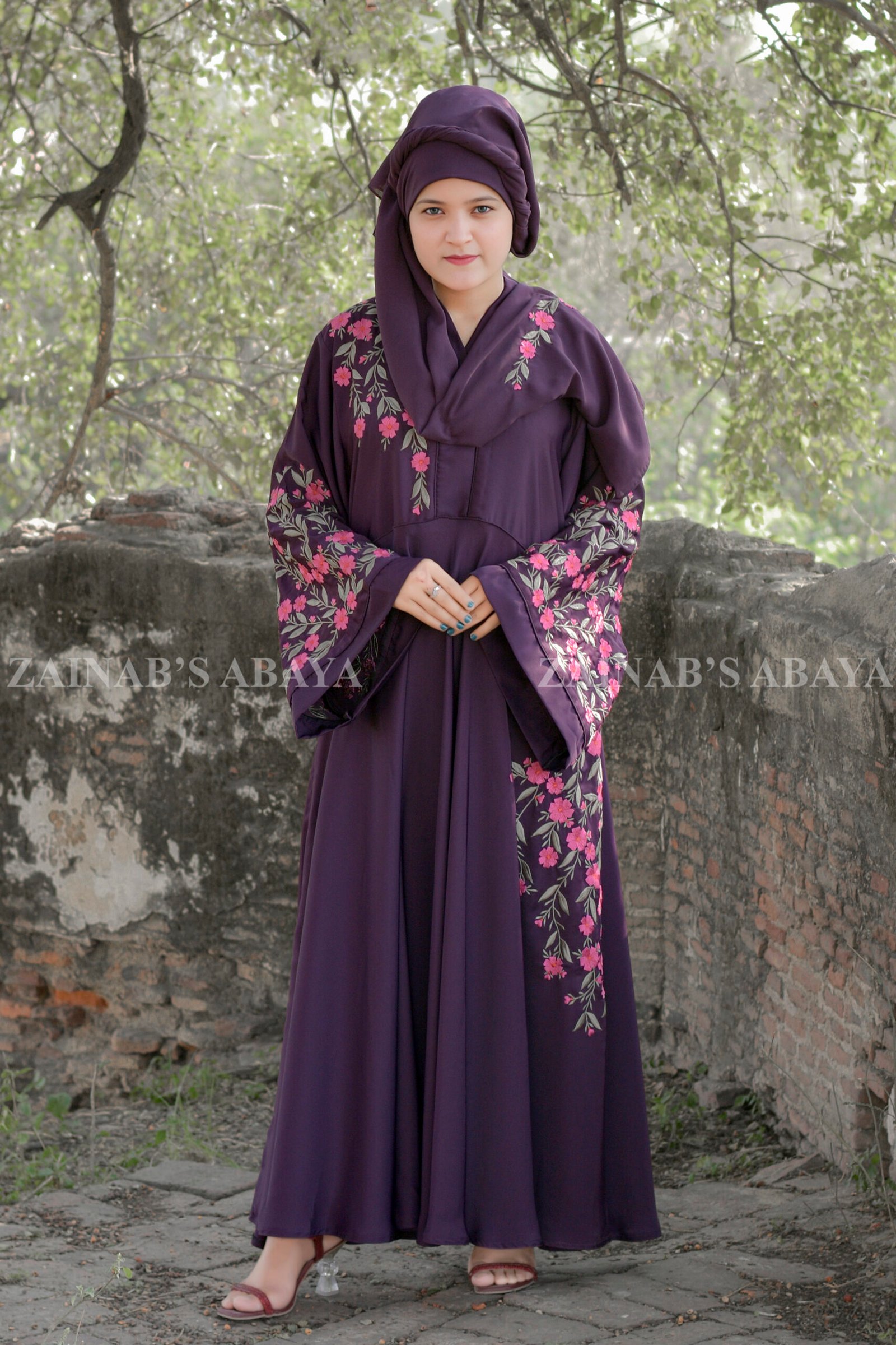 Umbrella Abaya _ Zainab Designer Abaya Umbrella Abaya in Nida Korean Fabric with Elegant Embroidery Style on Upper Front, Mid one side, at Sleeves and motive on the scarf.