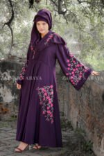 Umbrella Abaya in Nida Korean Fabric with Elegant Embroidery Style on Upper Front, Mid one side, at Sleeves and motive on the scarf.