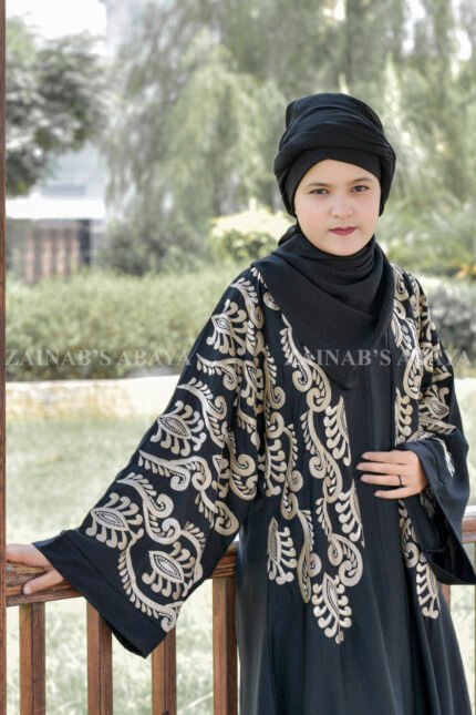 Black Front Open Abaya with Embroidery on Front and Sleeves as well as matching scarf in chiffon fabric.