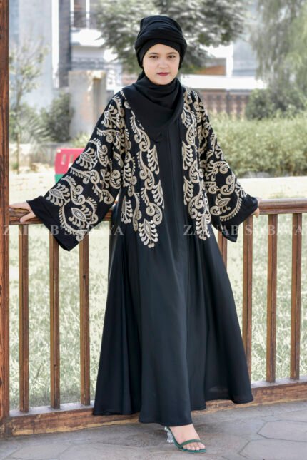 Black Front Open Abaya with Embroidery on Front and Sleeves as well as matching scarf in chiffon fabric.