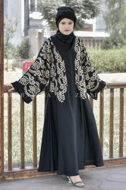 Black Front Open Abaya with Embroidery on Front and Sleeves as well as matching scarf in chiffon fabric.
