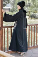 Black Front Open Abaya with Embroidery on Front and Sleeves as well as matching scarf in chiffon fabric.