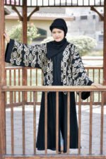 Black Front Open Abaya with Embroidery on Front and Sleeves as well as matching scarf in chiffon fabric.