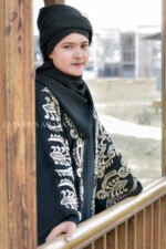 Black Front Open Abaya with Embroidery on Front and Sleeves as well as matching scarf in chiffon fabric.