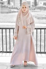 Maxi Abaya in Peach Color with Cut Work Embroidery on Sleeves and Motive on Scarf.
