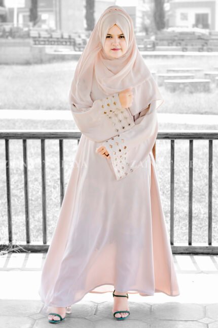 Maxi Abaya in Peach Color with Cut Work Embroidery on Sleeves and Motive on Scarf.