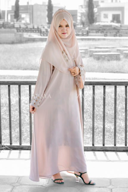 Maxi Abaya in Peach Color with Cut Work Embroidery on Sleeves and Motive on Scarf.