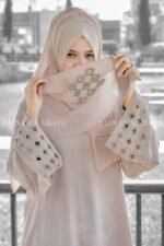 Maxi Abaya in Peach Color with Cut Work Embroidery on Sleeves and Motive on Scarf.