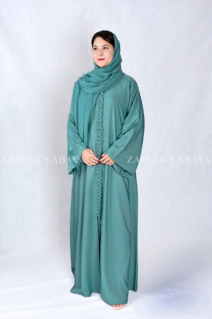Front Open Abaya in Grape Color with stylish design on front in Nida Korean Fabric with a matching scarf.