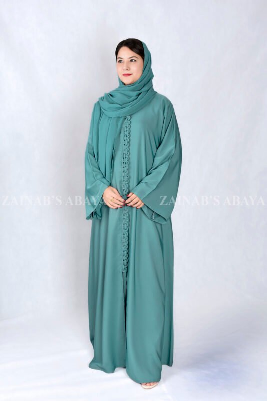 Front Open Abaya in Grape Color with stylish design on front in Nida Korean Fabric with a matching scarf.