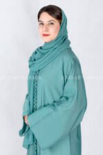 Front Open Abaya in Grape Color with stylish design on front in Nida Korean Fabric with a matching scarf.