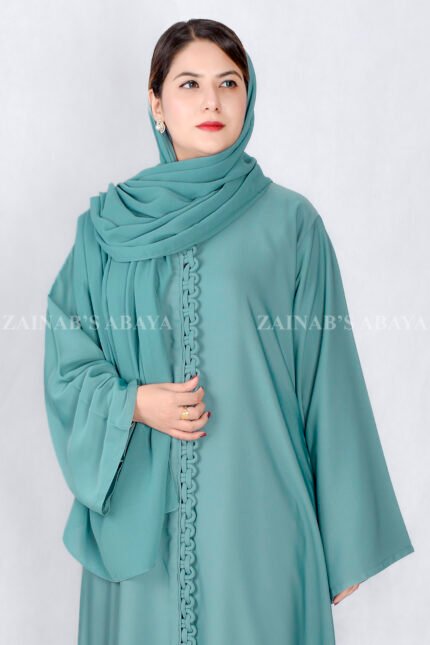 Front Open Abaya in Grape Color with stylish design on front in Nida Korean Fabric with a matching scarf.