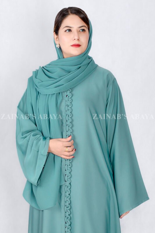 Front Open Abaya in Grape Color with stylish design on front in Nida Korean Fabric with a matching scarf.