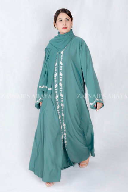 Front Open Abaya in Grape Color with Elegant Embroidery on Front Borders Sleeves Cuffs which is crafted in Nida Korean Fabric and scarf in Chiffon Fabric.
