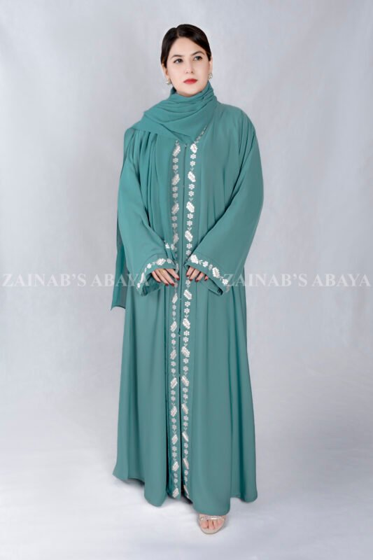 Front Open Abaya in Grape Color with Elegant Embroidery on Front Borders Sleeves Cuffs which is crafted in Nida Korean Fabric and scarf in Chiffon Fabric.