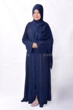 Front Open Abaya in Single Chiffon Fabric and the color is Navy Blue with a matching scarf.