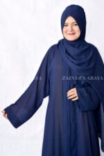 Front Open Abaya in Single Chiffon Fabric and the color is Navy Blue with a matching scarf.