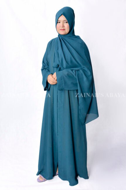 Front Open Abaya in Single Chiffon Fabric and the color is Zinc with a matching scarf.