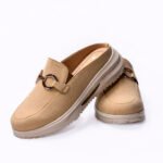 Classic Tan Buckle Mules for Women in Suede Leather