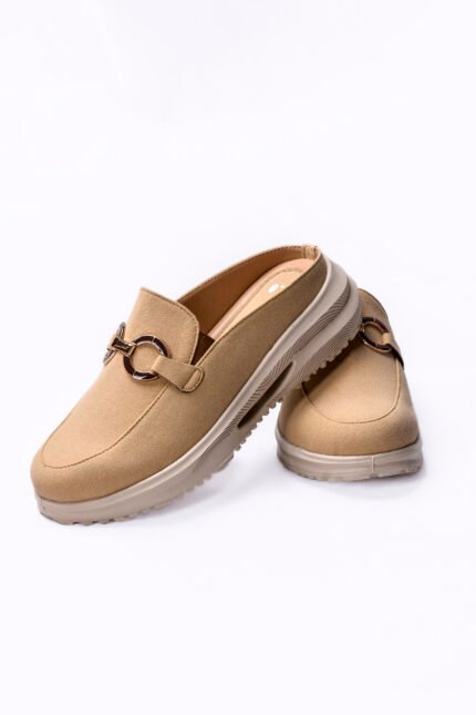 Classic Tan Buckle Mules for Women in Suede Leather