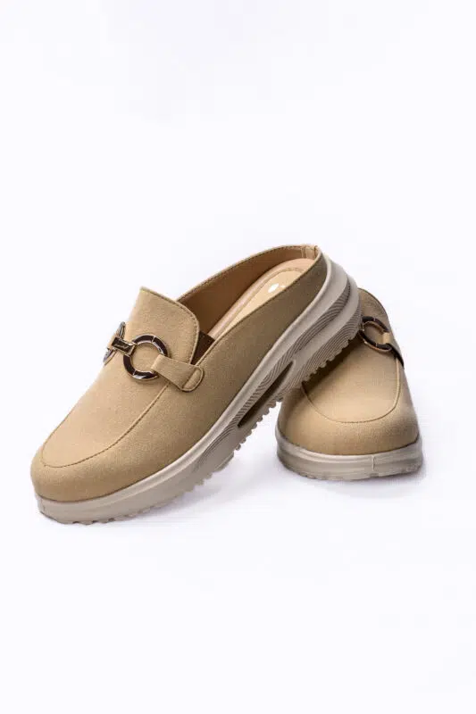 Classic Tan Buckle Mules for Women in Suede Leather